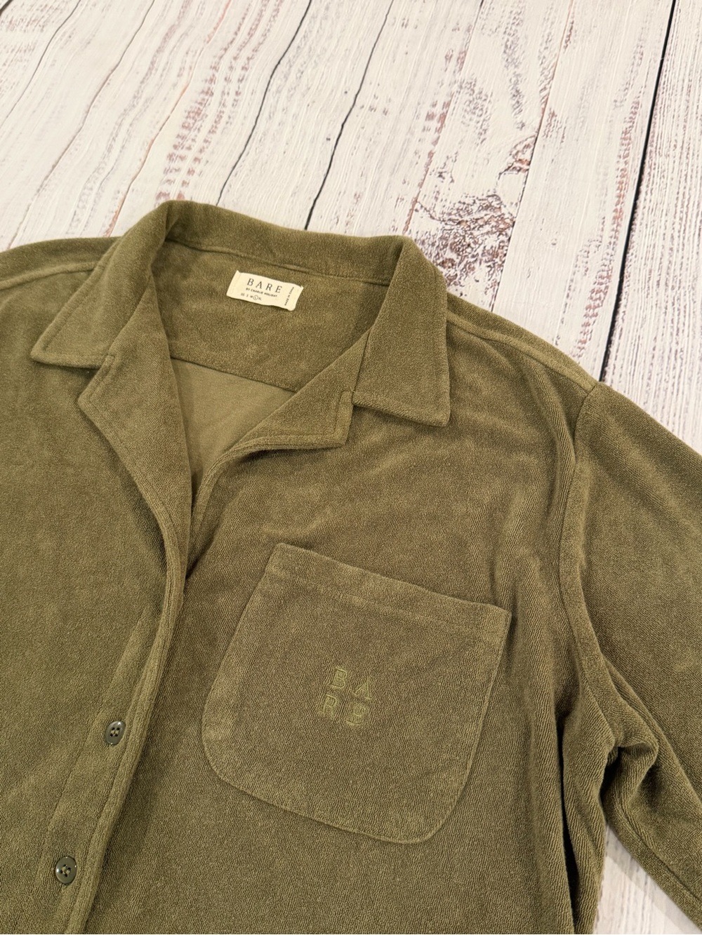 Bare Charlie Holiday Bamboo & Organic Cotton Terry Shirt Womens L. Camp Collar
